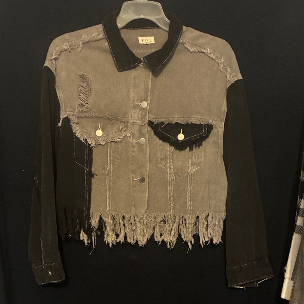 POL Distressed Black and Gray Jean Jacket